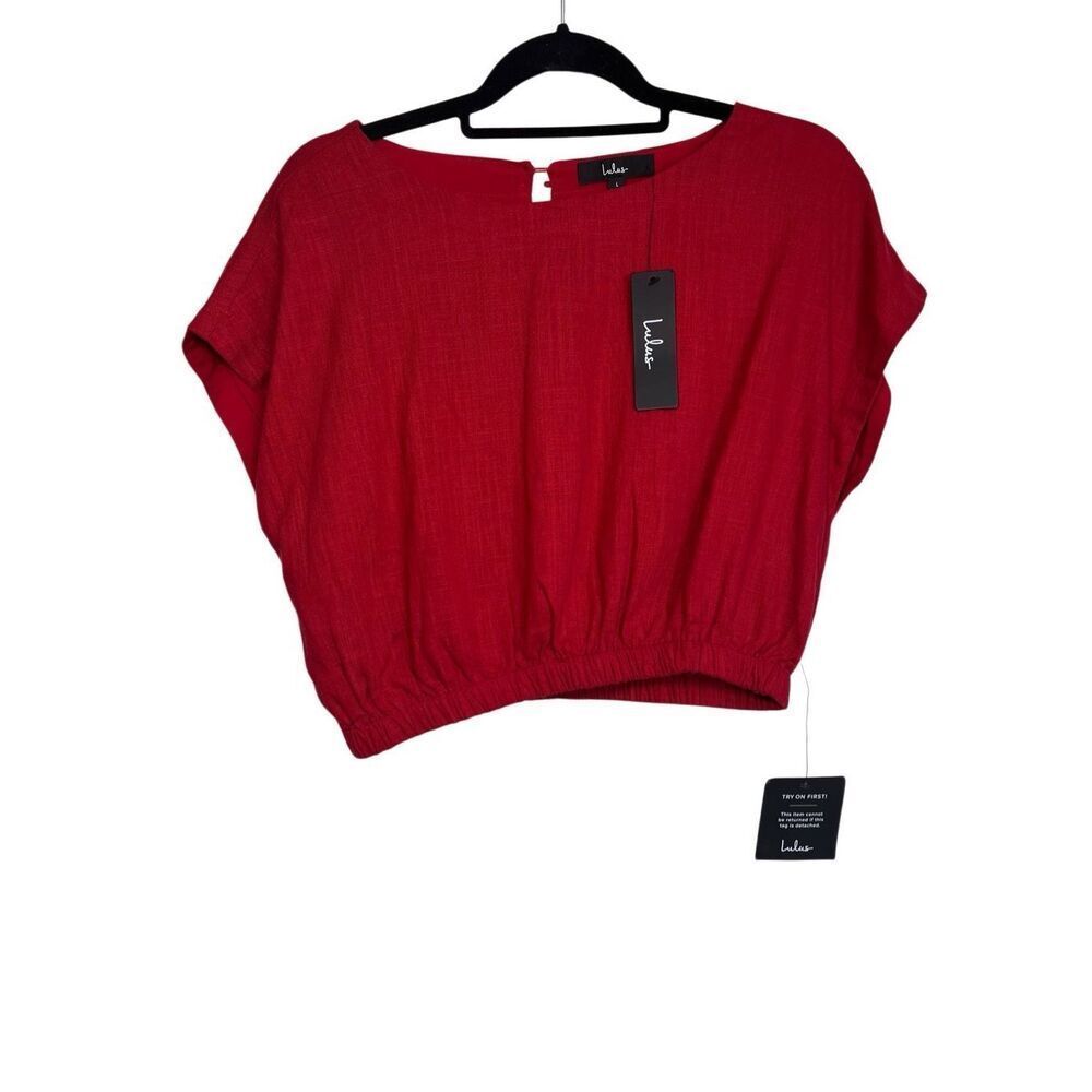 Lulus Top Womens Large Wine Red Let's Tie It Cropped Tie Back Dolman Linen Blend
